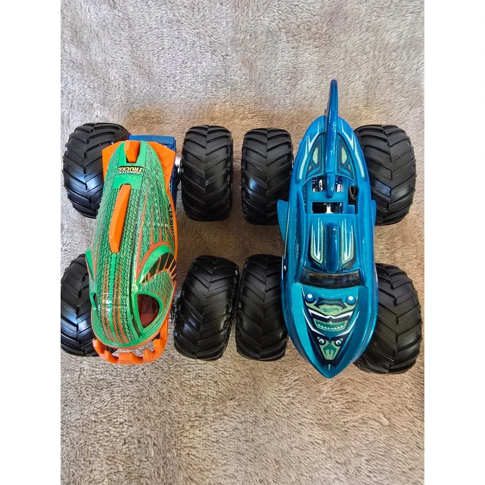 Hot Wheels Monster Trucks Shark Wreak and Piran-ahhh Blue Green Diecast Lot of 2